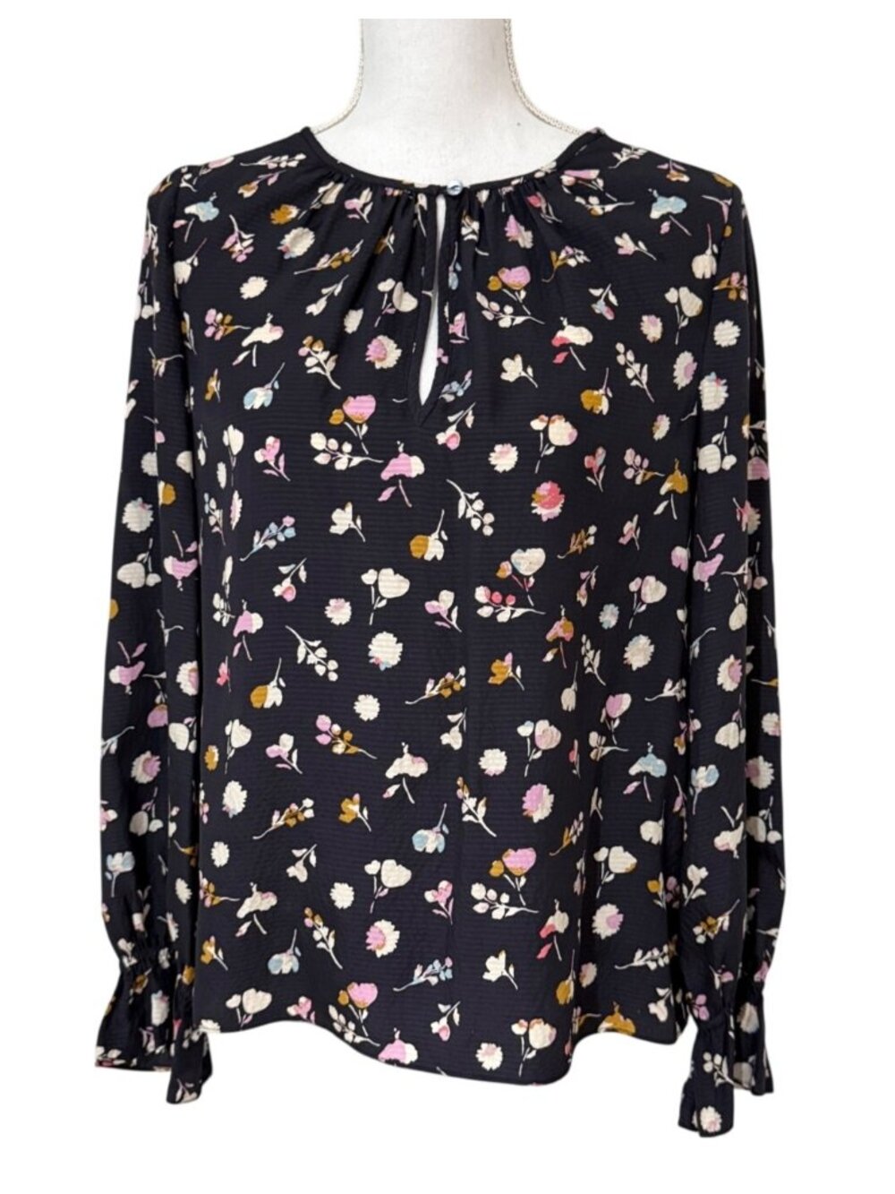 Rebecca Taylor Silk Blouse Size XS ? Keyhole Long Sleeve Navy Floral Ruffle Cuff